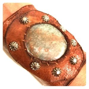 Soft Leather Cuff, w/Jumbo Stone & Concho Rivets.